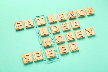 Text PATIENCE IDEA MONEY SPEED on turquoise background. Time management