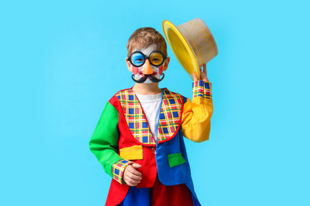 Funny little boy in clown costume on blue background. April Fools' Day celebrationの写真素材