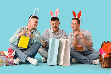 Young men in bunny ears with shopping bags sitting on blue background. Easter Sale