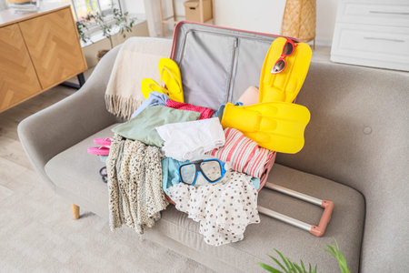 Open suitcase with clothes and beach accessories on sofa in living roomの写真素材