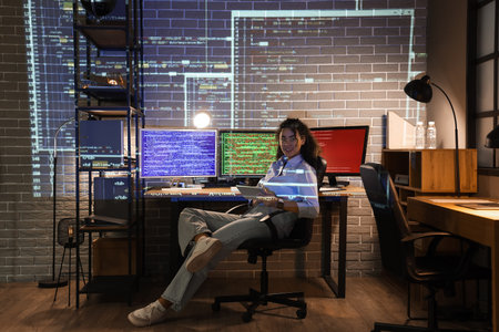 Female African-American programmer with tablet computer and projection of code in office at night