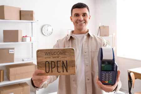Male online store seller with OPEN sign and payment terminal in warehouse