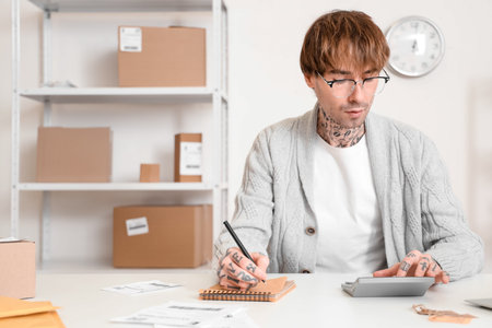 Young online store seller working with calculator at table in warehouse