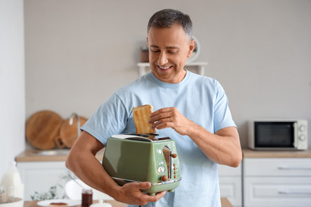 Middle-aged man with modern toaster and crispy toast in kitchen