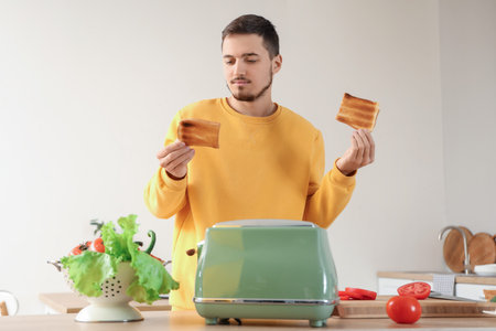 Young man with crispy toasts in kitchen