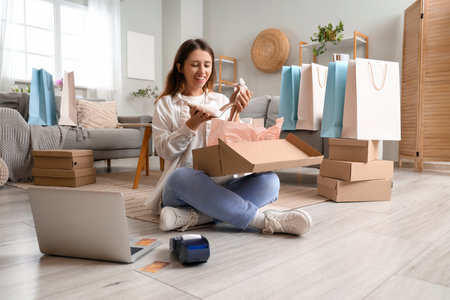 Young woman with new heels at home