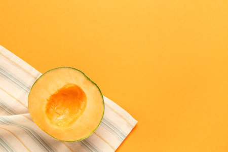 Half of sweet melon on orange backgroundの写真素材
