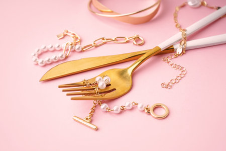 Cutlery with different stylish bracelets on pink backgroundの写真素材