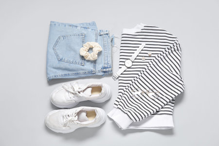 Composition with stylish female clothes, accessories and sneakers on light backgroundの写真素材