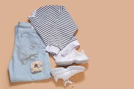 Set of stylish female clothes with accessories and sneakers on color background