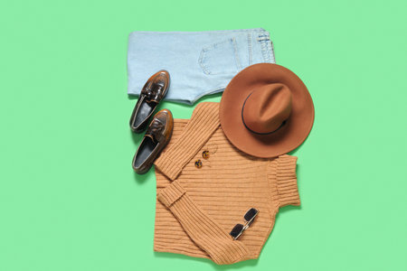 Composition with stylish female clothes, shoes and accessories on green background