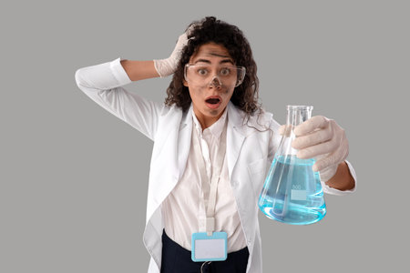 Shocked female African-American chemist with flask on light background