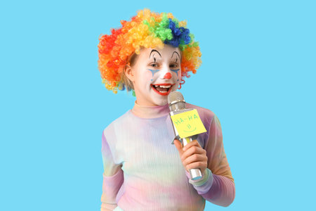 Funny little girl in clown wig with microphone on blue background. April Fools' Day celebrationの写真素材