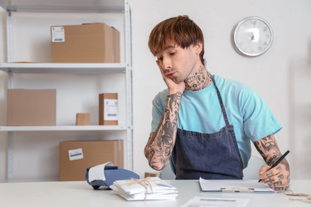 Young online store seller working with payment terminal at table in warehouse
