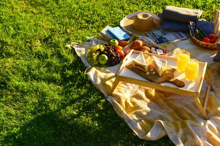 Set for romantic picnic with tasty food and glasses of juice on green grass background