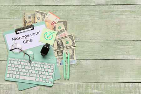 Composition with text MANAGE YOUR TIME, money, eyeglasses and smart watch on green wooden...