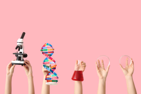 Female hands holding Petri dishes with microscope, DNA model and filled flask on pink background....