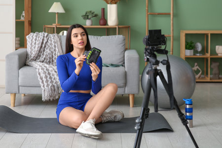 Female blogger with case for mobile phone recording sports video at homeの写真素材