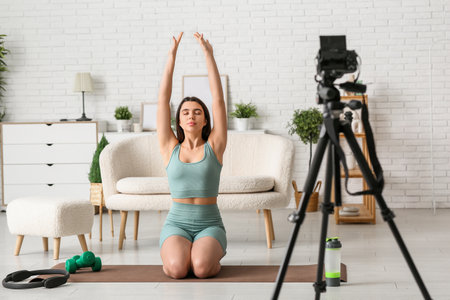 Female sports blogger training on mat while recording video at homeの写真素材