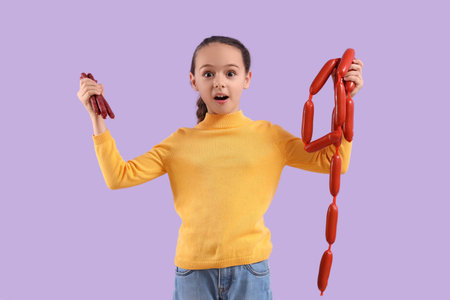 Surprised little girl with tasty sausages on lilac backgroundの写真素材