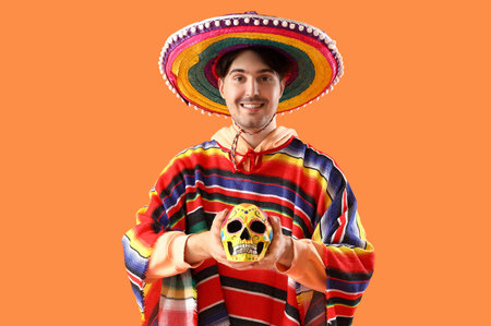 Handsome young Mexican man with painted skull on orange background. Celebration of Day of the Deadの写真素材