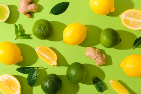 Ingredients for preparing lemonade on green backgroundの写真素材