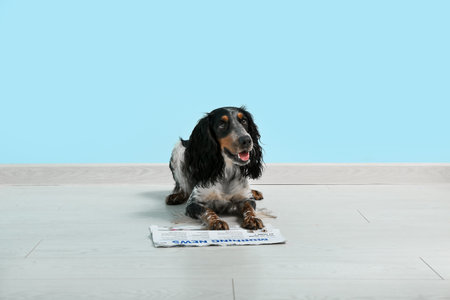Cute cocker spaniel with newspaper lying near blue wallの写真素材