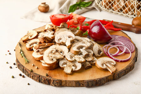 Wooden board with slices of fresh mushrooms and different spices on white backgroundの写真素材