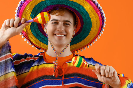 Portrait of young Mexican man in sombrero and with maracas on orange background