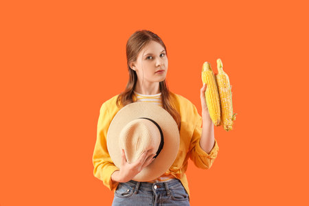 Beautiful young female farmer with ripe corn cobs on orange backgroundの写真素材