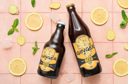 Composition with bottles of fresh ginger beer, mint, lemon slices and ice cubes on beige backgroundの写真素材