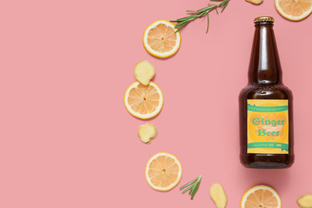 Composition with bottle of fresh ginger beer, rosemary and lemon slices on pink backgroundの写真素材