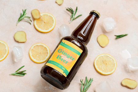 Composition with bottle of fresh ginger beer, rosemary, lemon slices and ice cubes on light background, closeupの写真素材