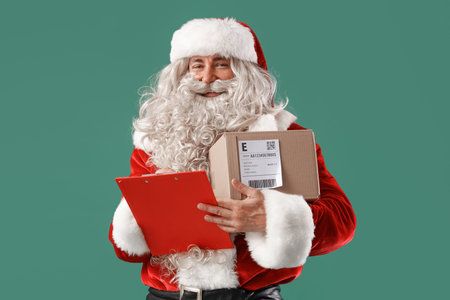Santa Claus with clipboard and parcel on green background