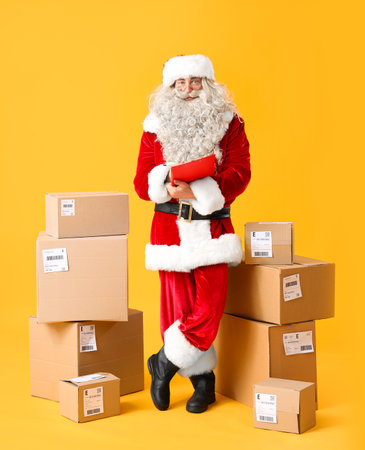 Santa Claus with clipboard checking list of parcels on yellow backgroundの写真素材