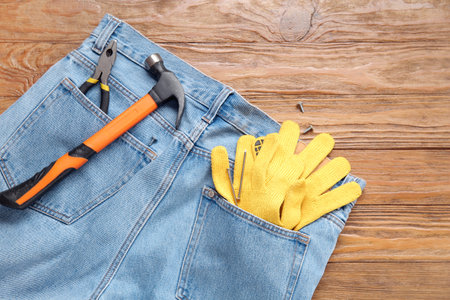 Jeans with gloves and tools on wooden background. Labor Day celebration
