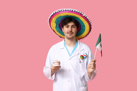 Young male dentist with sombrero, jaw model, maracas and flag of Mexico on pink backgroundの写真素材