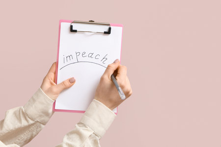 Woman holding clipboard with word IMPEACH on pink background