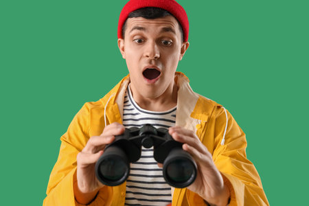 Shocked young sailor in raincoat with binoculars on green background, closeupの写真素材