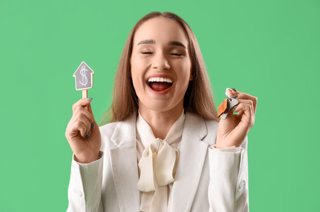 Portrait of happy female real estate agent holding house figure with dollar sign and keys on green backgroundの写真素材