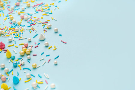 Sweet colorful sprinkles scattered on blue backgroundの写真素材