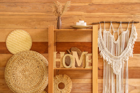 Shelving unit with decor near wooden wall
