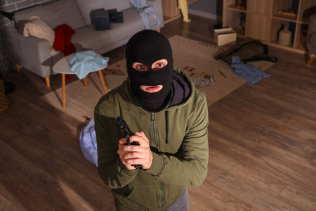 Male thief with gun in room at night