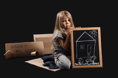 Homeless little girl with picture of house on dark background