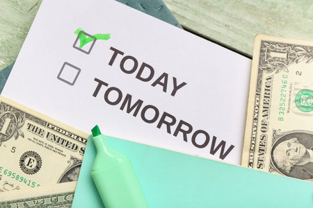 Paper with text TODAY, TOMORROW, money and notebook on green wooden background. Time management...