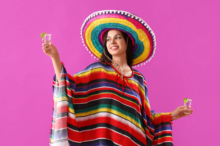 Beautiful young Mexican woman with tequila on magenta backgroundの写真素材