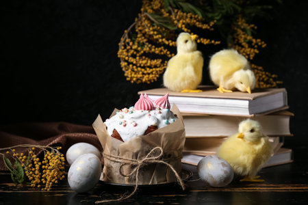 Sweet Easter cake with eggs, books, chicks and mimosa flowers on black wooden table