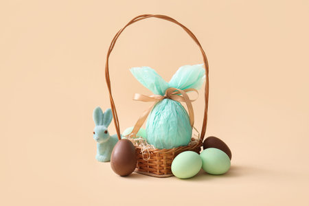 Wicker basket with painted and chocolate Easter eggs wrapped in paper on beige background