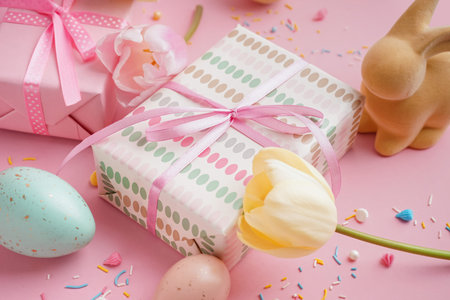 Painted Easter eggs with gift boxes, toy bunny and tulip flowers on pink backgroundの写真素材
