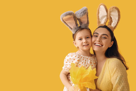 Little girl with her mother in bunny ears with Easter gift on yellow backgroundの写真素材